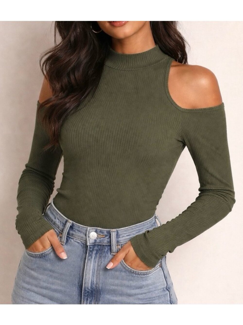INTIMATELY FREE PEOPLE Forrest Green Cold Shoulder Mock Neck Ribbed Top Size M/L